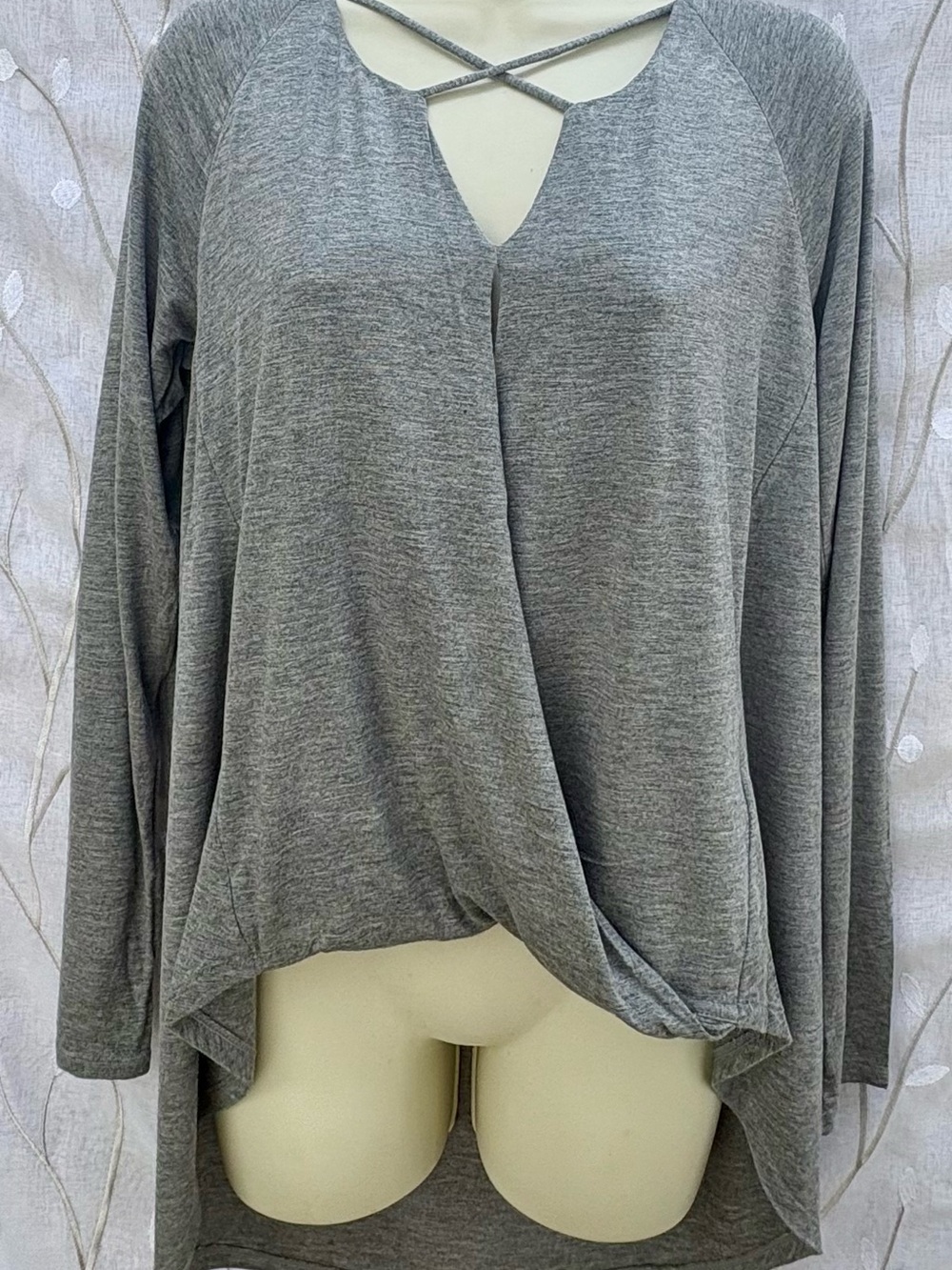 White House Black Market Grey Crisscross High Low Long-Sleeve Top